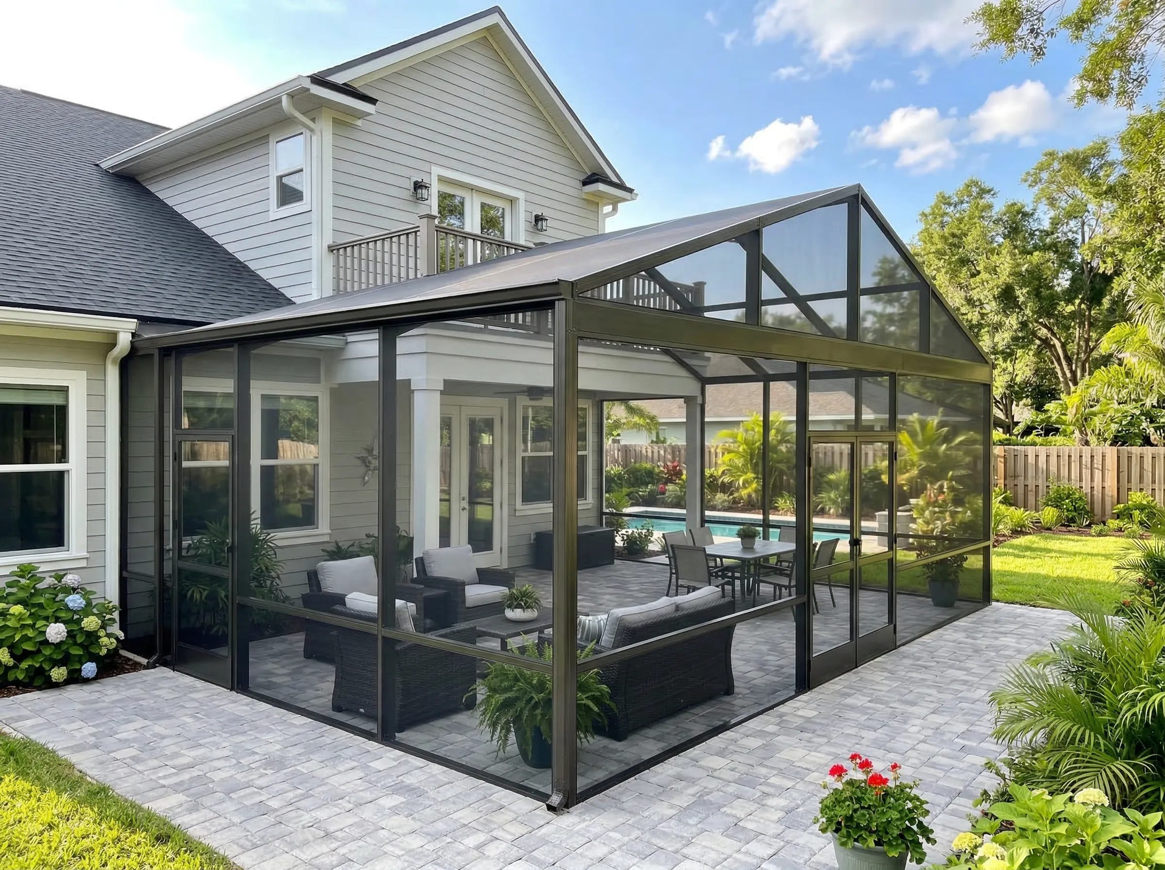 Screened-in patio enclosure around a backyard pool area attached to a light-gray house, with outdoor seating and lush greenery nearby.