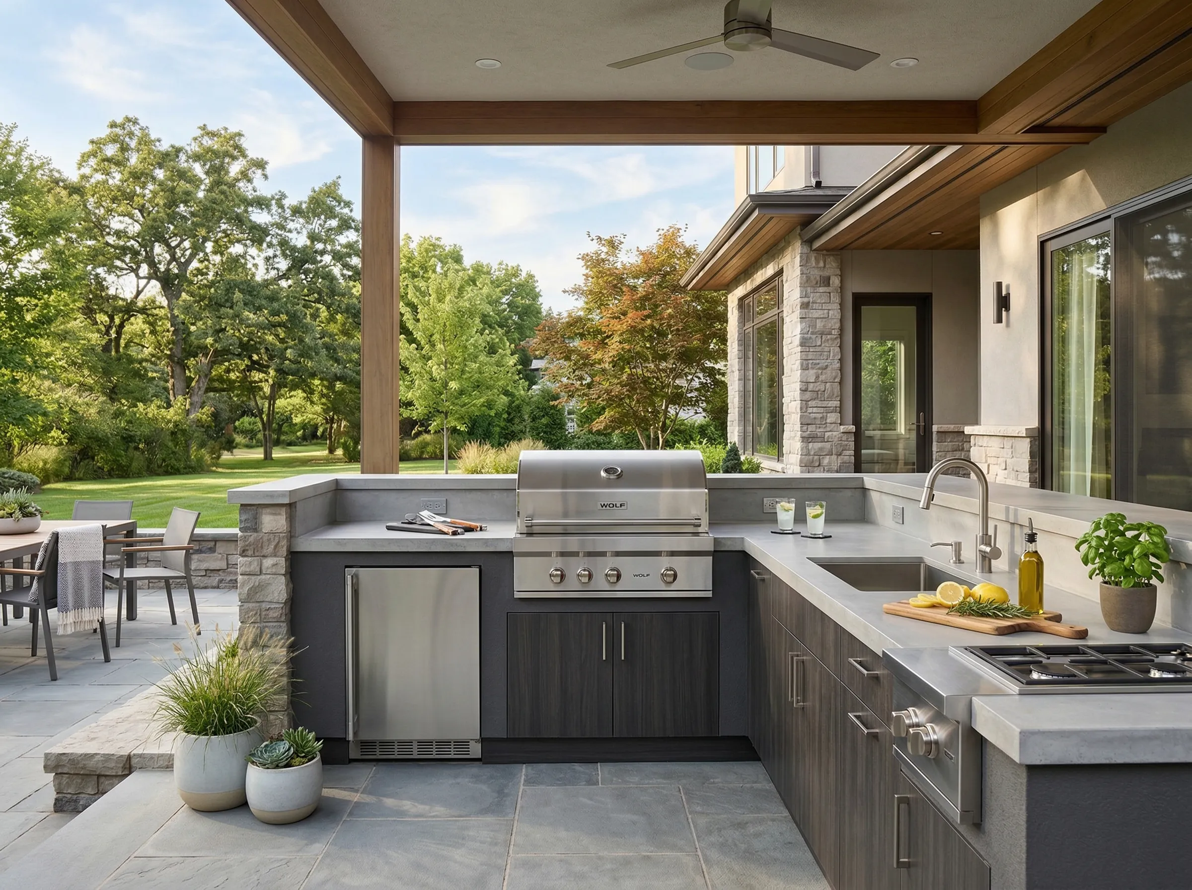 Outdoor kitchen with stainless steel grill, dark wood cabinets, and stone accents overlooking a green yard and trees.