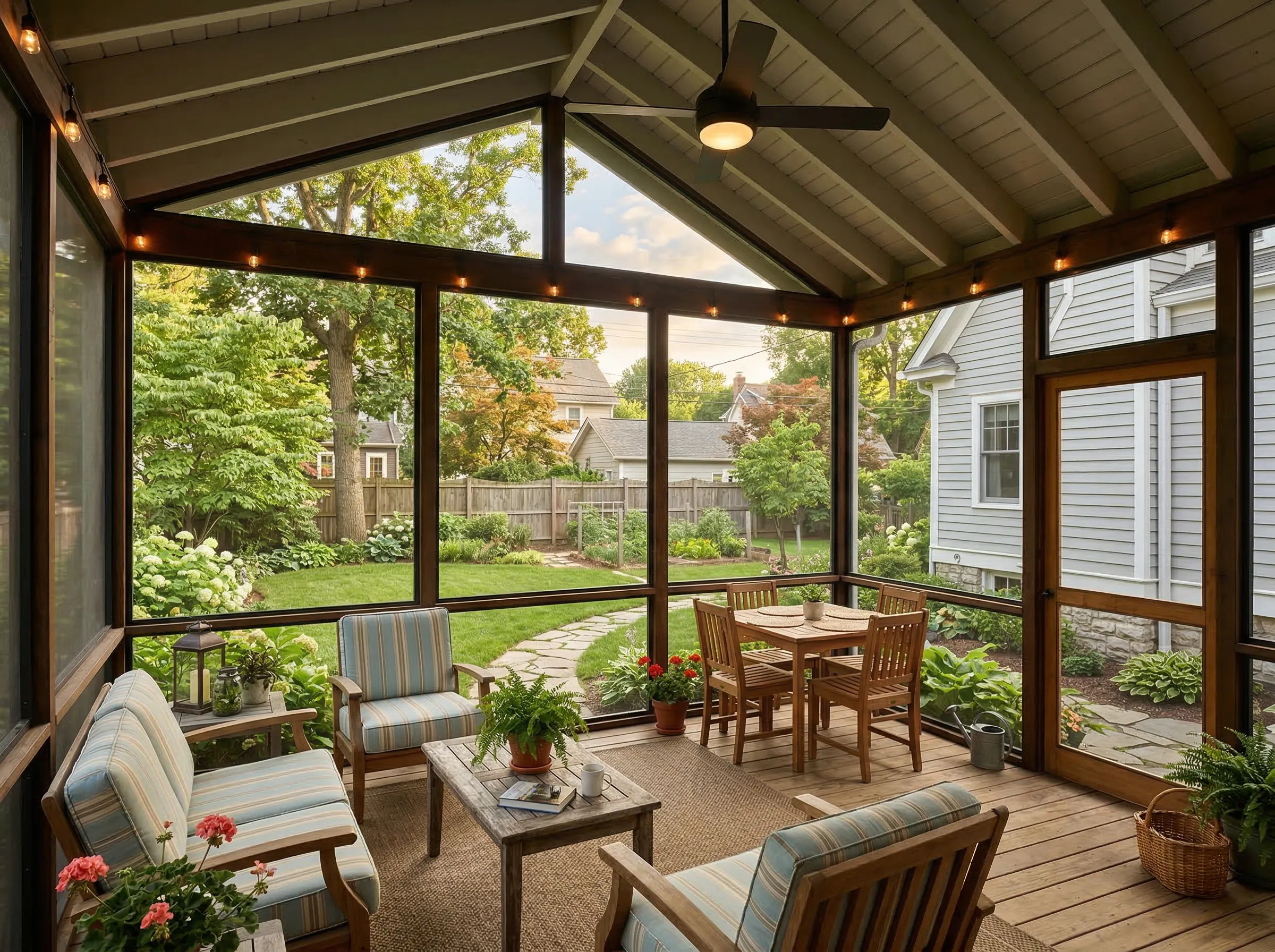Cozy screened porch with wooden furniture, striped cushioned chairs, string lights, and a ceiling fan overlooking a green backyard garden.